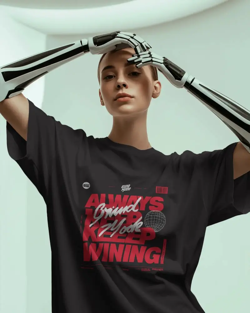 Modern Minimalist Tshirt Mockup Worn By Female Model With Robotic Bionic Arms Style
