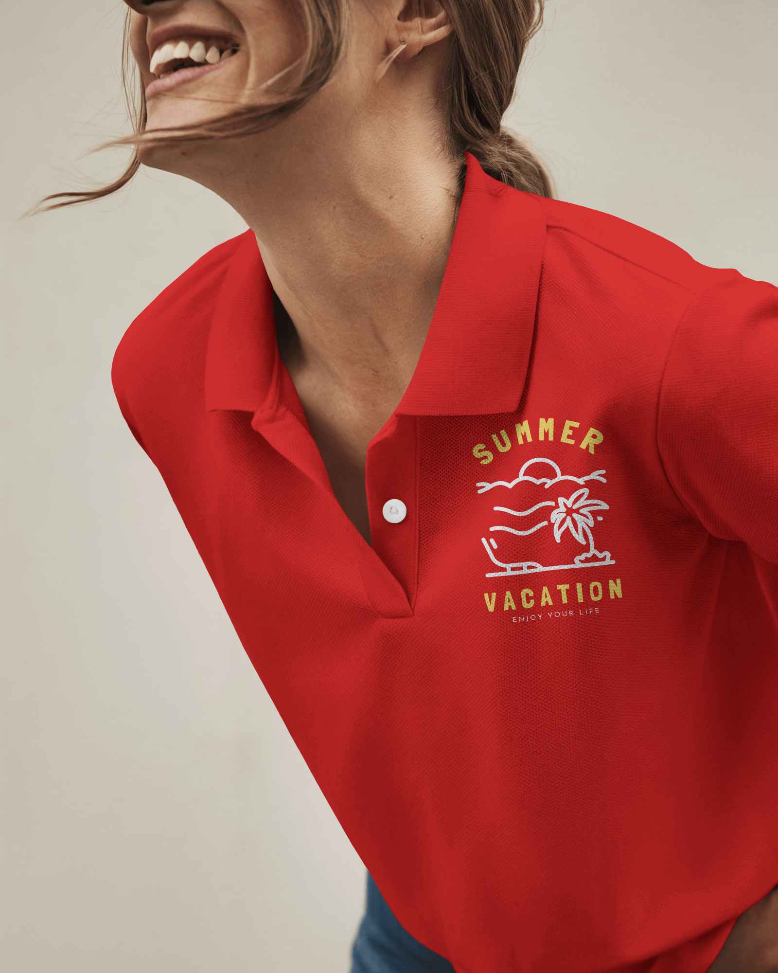 Joyful Summer Polo T Shirt Mockup Smiling Female Model In Bright Red Polo With Vacation Themed Design Casual And Energetic Look