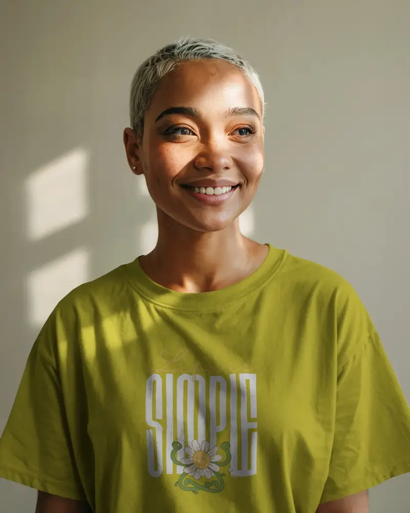 Smiling Woman White Tshirt Mockup Front View Soft Sunlight Through Window Shadows On Beige Wall Clean Minimal Design Template For Fresh Branding