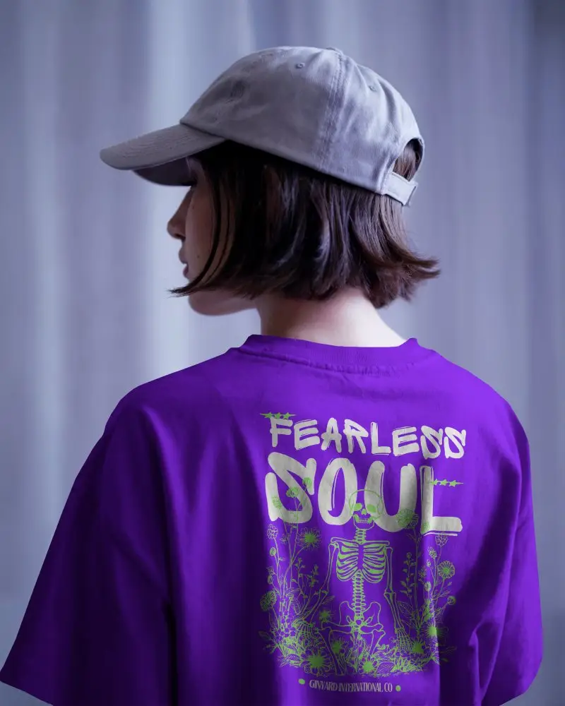 Cool Toned Curtain Background T Shirt Mockup Female Model In Cap Back View Soft Diffused Lighting Casual Urban Style