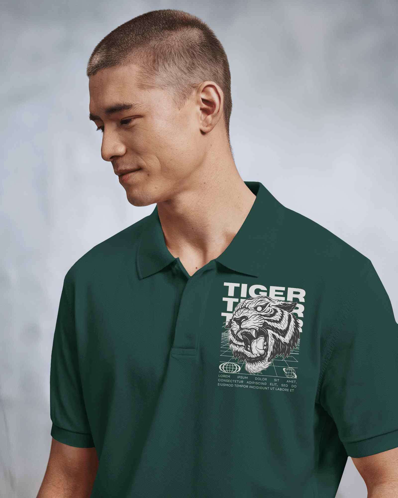 Stylish Polo Shirt Mockup Male Model In Muted Brown Tone Against Soft Blue Background Modern And Edgy Vibe