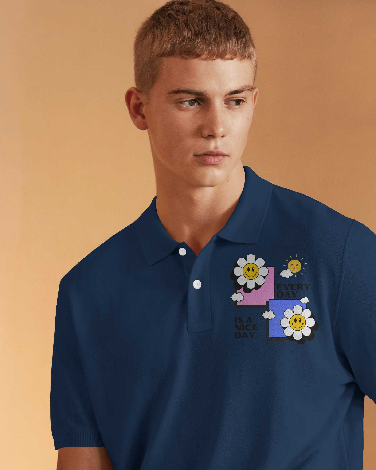 Vibrant Polo T Shirt Mockup Male Model In Deep Blue Against Warm Beige Background Playful And Modern Style