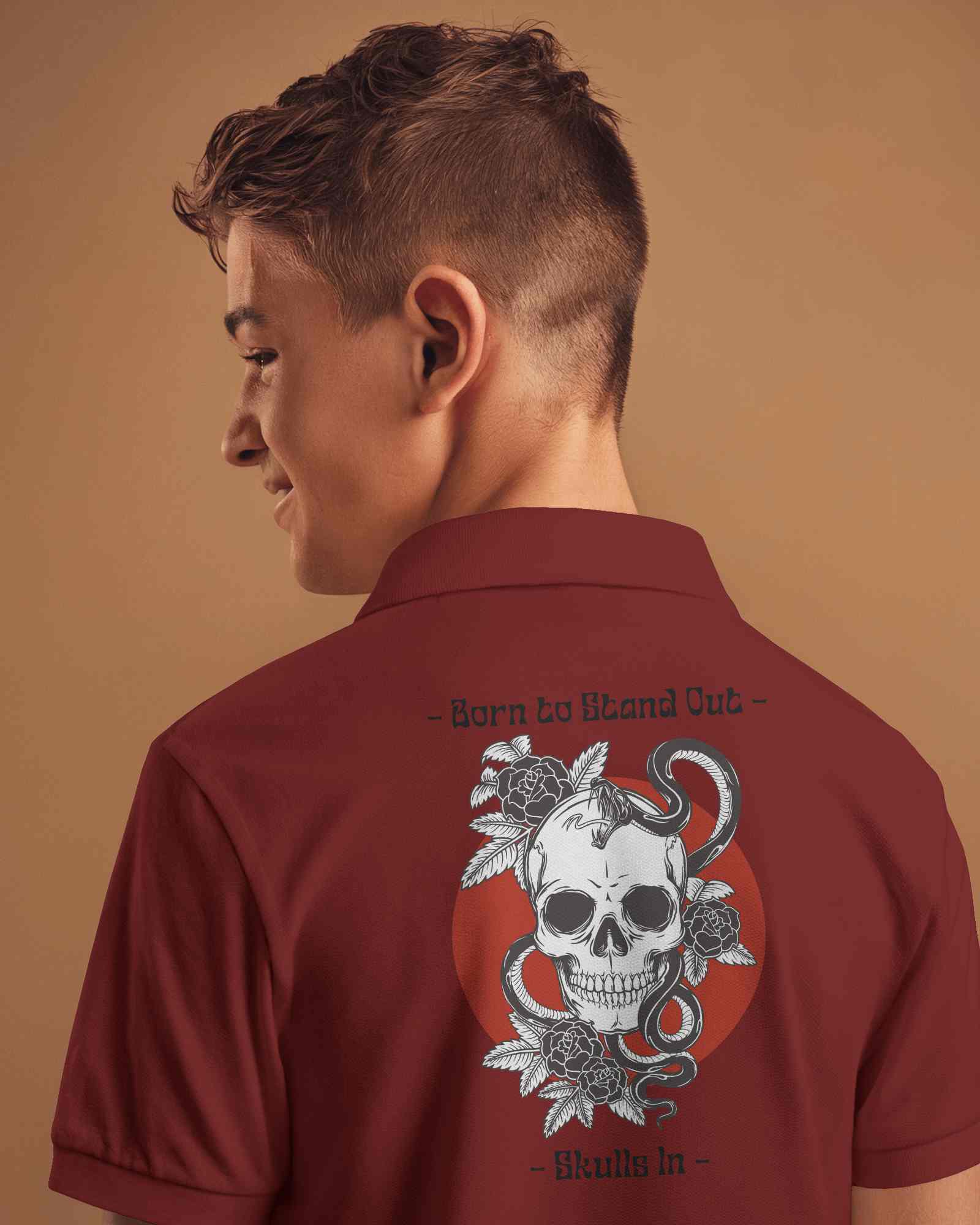 Edgy Polo Shirt Mockup Male Model Showing Back Design In Warm Orange Tone Against Matching Background Bold And Stylish Look