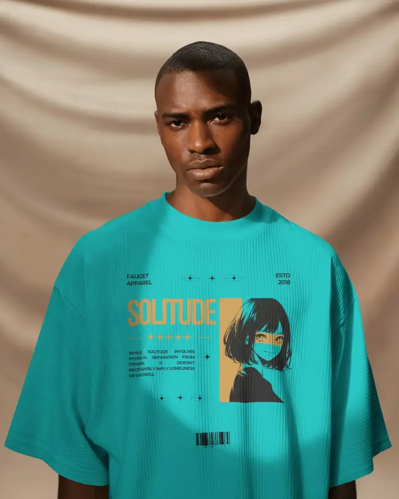 Studio Light Tshirt Mockup Black Male Model Serious Look Warm Beige Draped Background