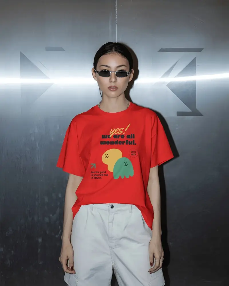 Urban Tshirt Mockup Asian Female Model Sunglasses White Pants Metallic Wall Setting