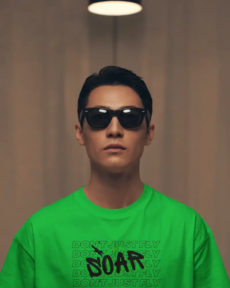 Spotlight Tshirt Mockup Asian Male Model Wearing Sunglasses Under Warm Hanging Light