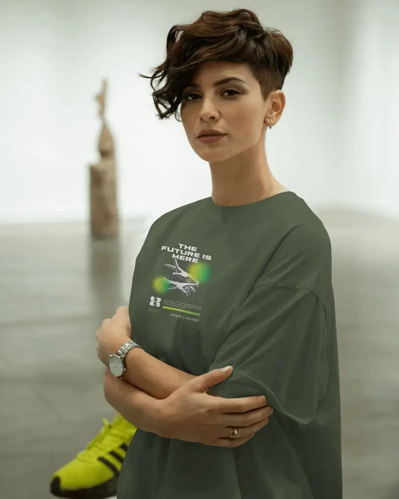 Trendy Fashion T Shirt Mockup Female Model Urban Style Short Haircut In Modern Gallery Background