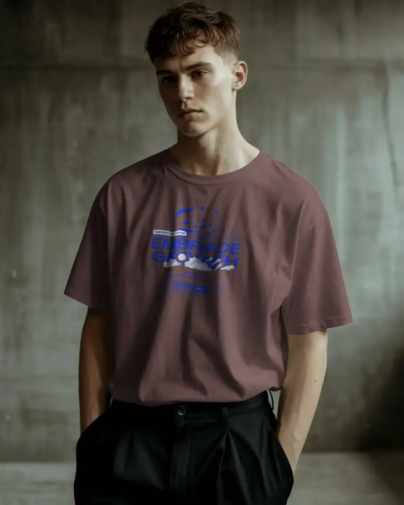 Urban Studio T Shirt Mockup Male Model Standing In Industrial Setting Minimal Edgy Modern Look