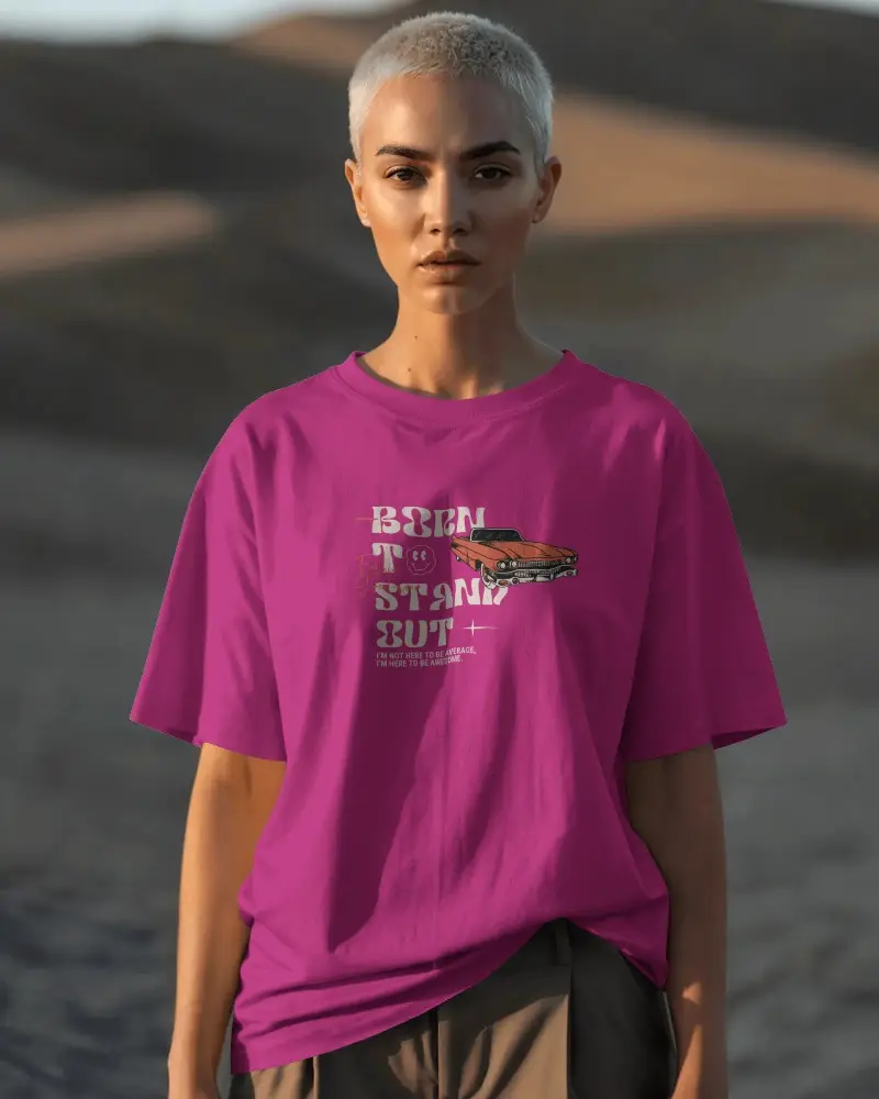 Desert Sunset T Shirt Mockup Female Model Short Hair Strong Gaze Sandy Landscape Bold Vibe