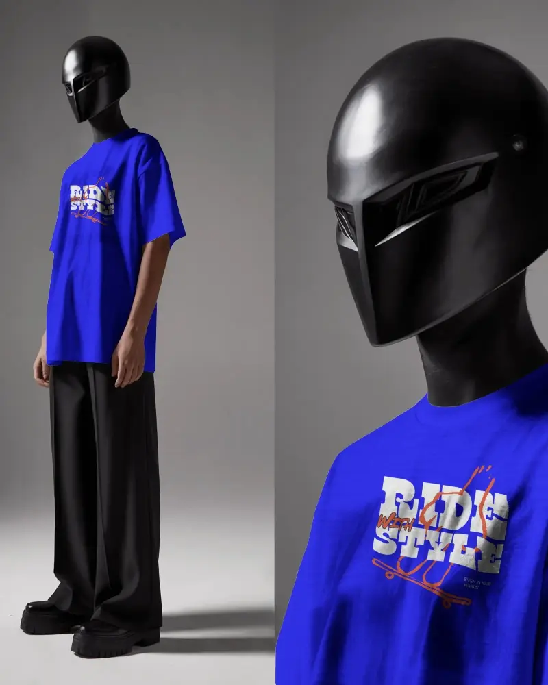 Futuristic T Shirt Mockup Male Model In Helmet Avantgarde Studio Fashion Dark Modern Style