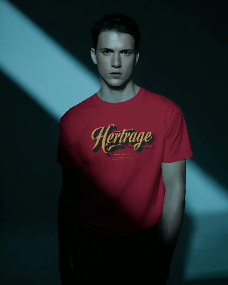 Cinematic T Shirt Mockup Male Model Standing In Dramatic Light Dark Studio Minimal Style