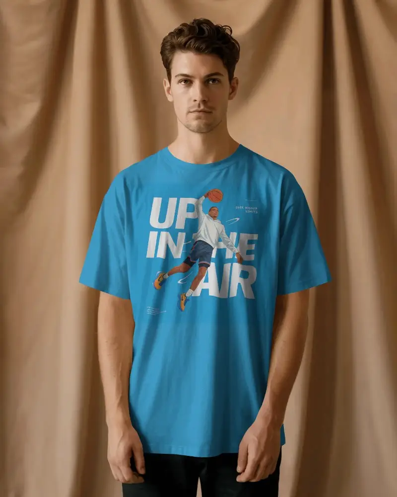 Classic T Shirt Mockup Male Model Front View Against Beige Curtain Stylish Neutral Tone