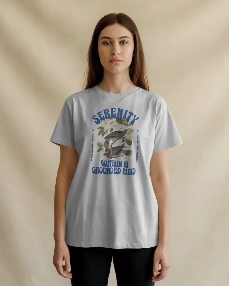 Neutral T Shirt Mockup Female Model Front View Soft Lighting Against Beige Backdrop