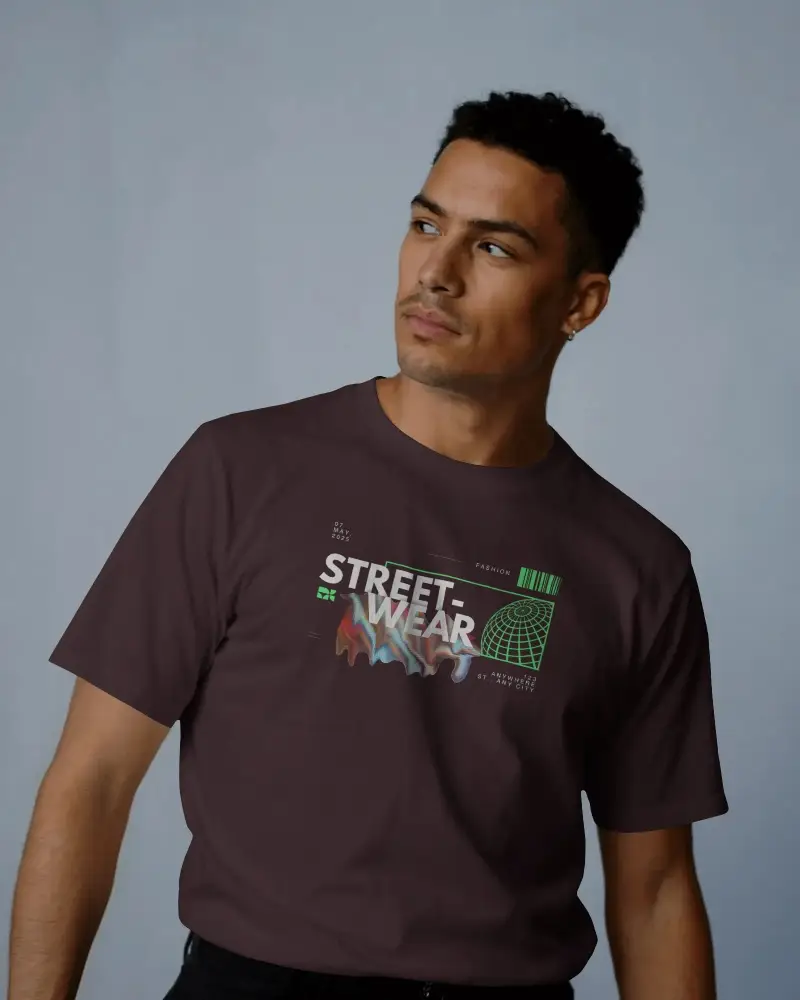 Casual T Shirt Mockup Male Model Looking Sideways In Studio Lighting Modern Minimal Style