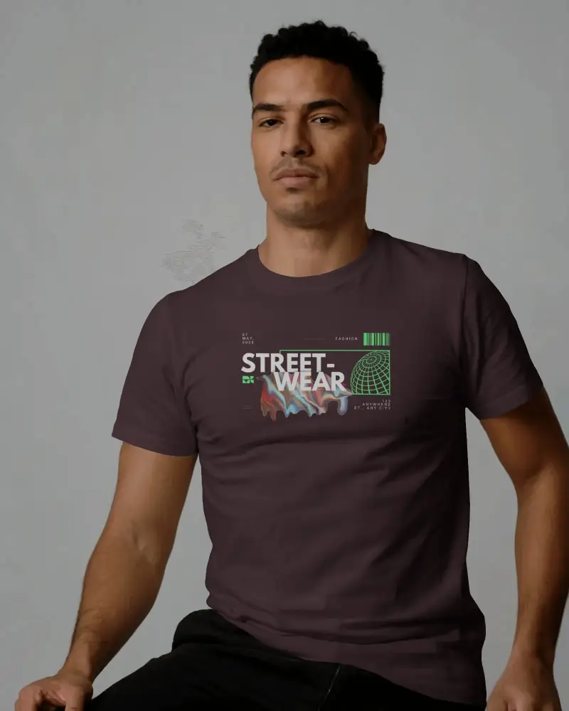 Clean Look T Shirt Mockup Male Model Front Facing Neutral Expression Simple Studio Setting