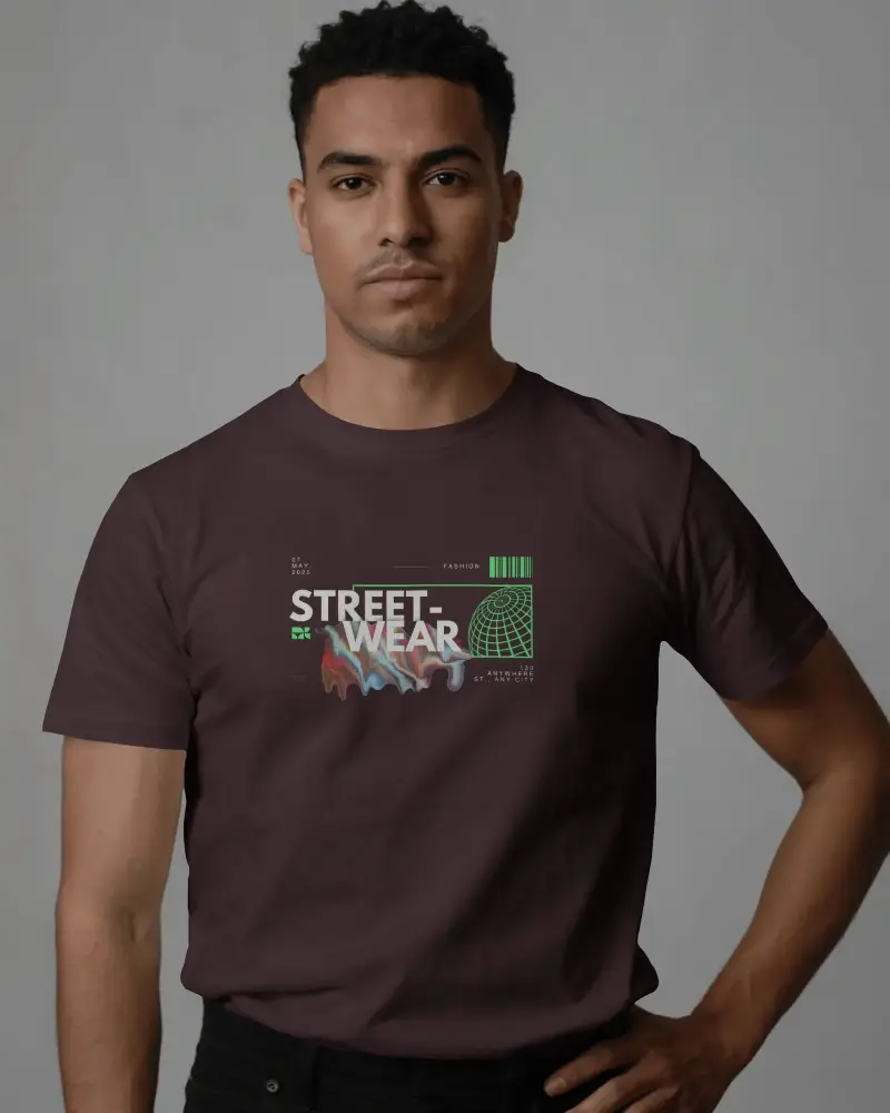 Modern Fit T Shirt Mockup Male Model Front View Hand On Hip Against Soft Light Background