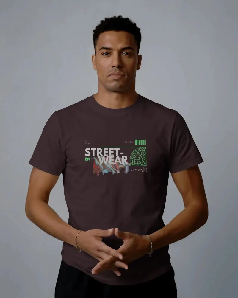 Sharp Look T Shirt Mockup Male Model Front Facing Hands Together Clean Studio Minimal Vibe