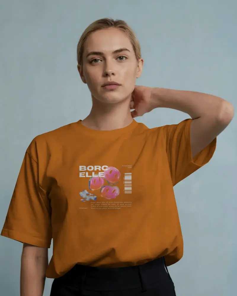 Relaxed T Shirt Mockup Elegant Woman Touching Neck Modern Lighting Soft Blue Scene