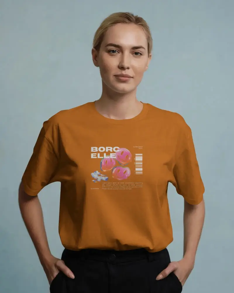 Natural T Shirt Mockup Smiling Woman Hands In Pockets Clean Fashion Shoot Style