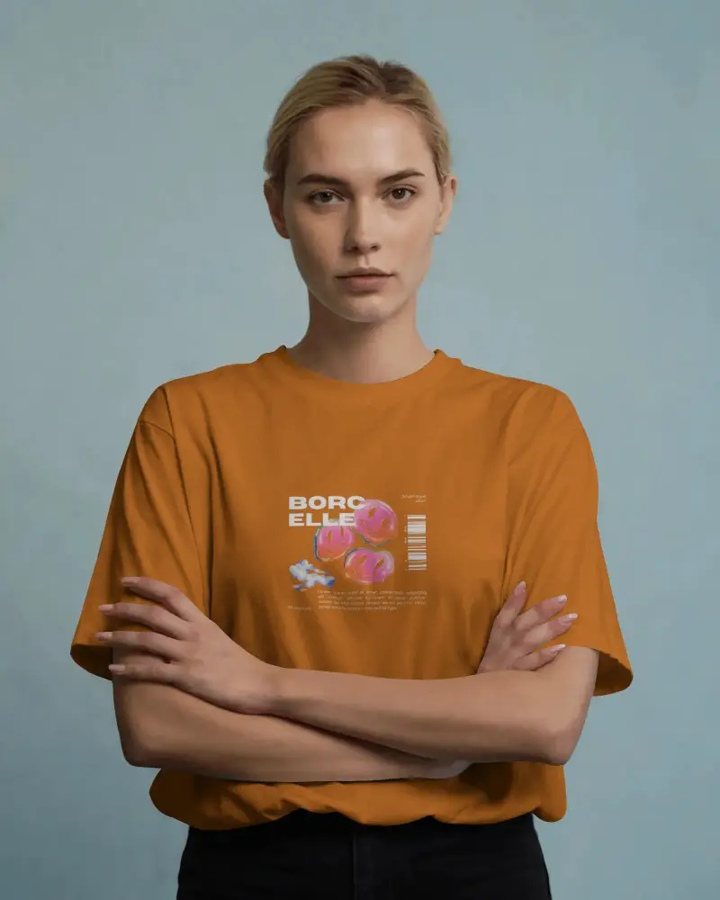 Clean Basic T Shirt Mockup Front Facing Woman Standing Straight Confident Expression Minimal Studio