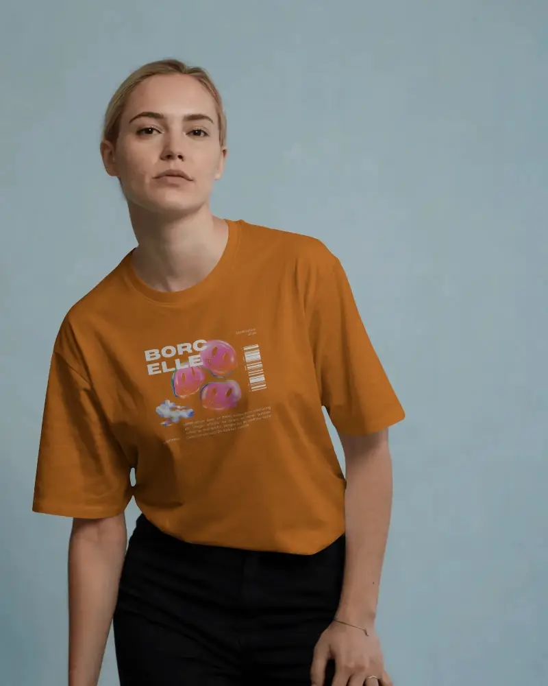 Minimalist Studio T Shirt Mockup Female Model In Relaxed Pose Against Soft Blue Backdrop