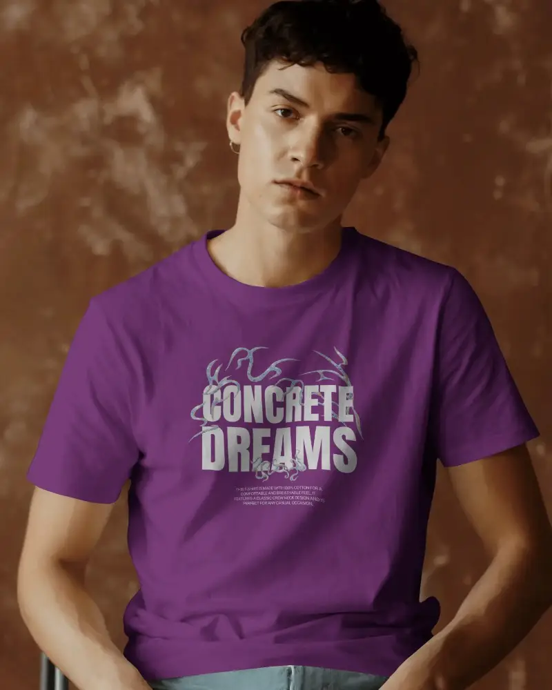 Seated T Shirt Mockup Against Brown Wall Relaxed Look Minimal Style With Modern Fashion Vibes