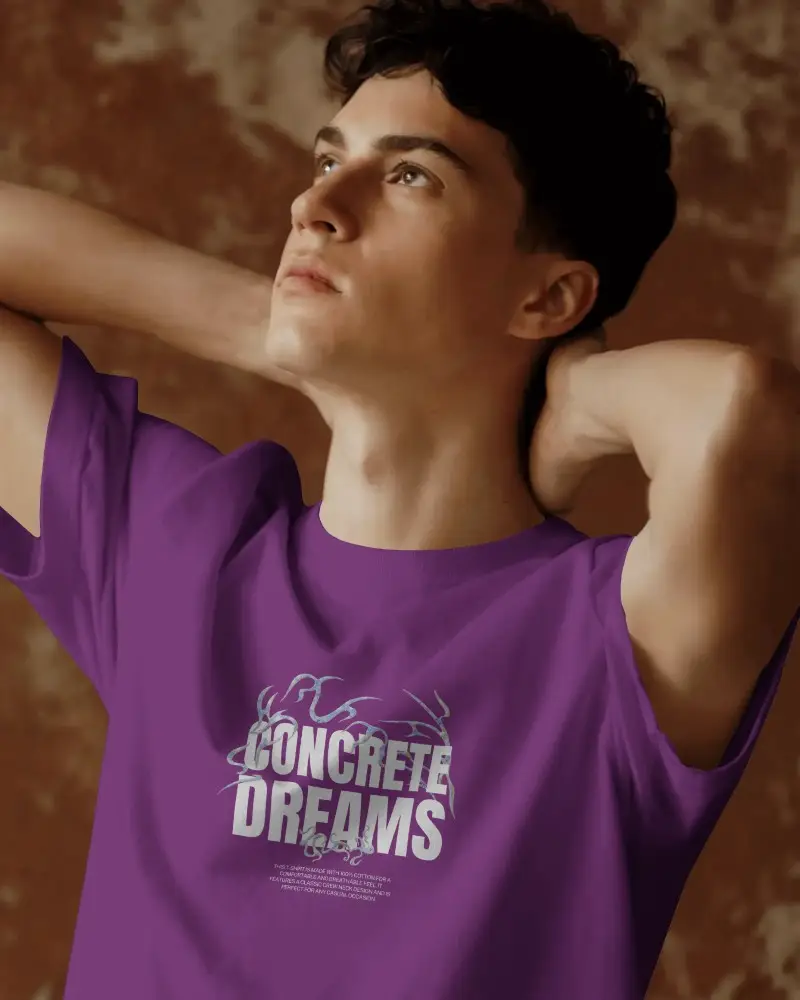 Upward Gaze T Shirt Mockup Hands Behind Head Earthy Studio Lighting Bold Modern Minimal Design