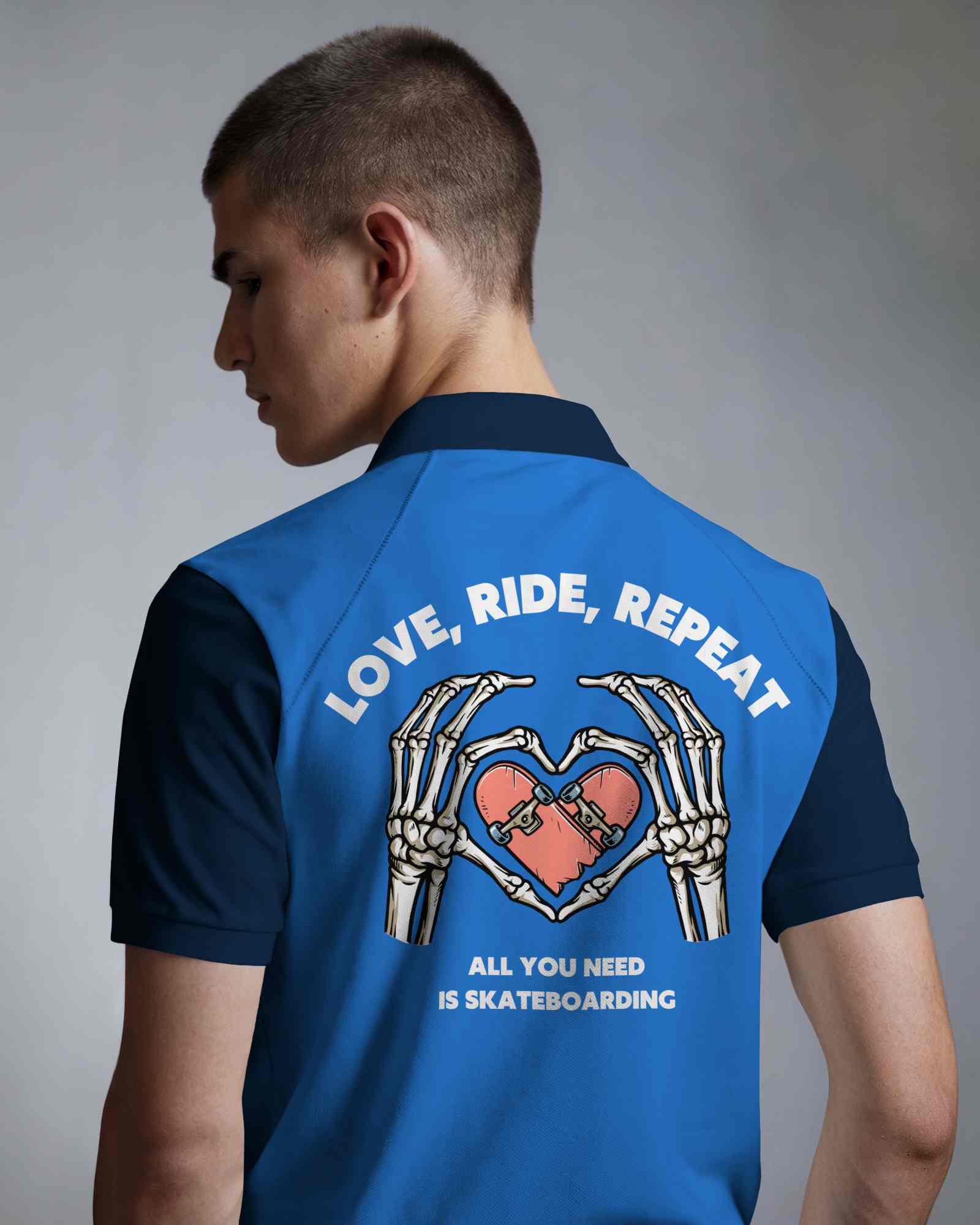 Sleek Back Design Polo Shirt Mockup Male Model Turned Away Against Moody Gray Background Modern And Minimalist Aesthetic