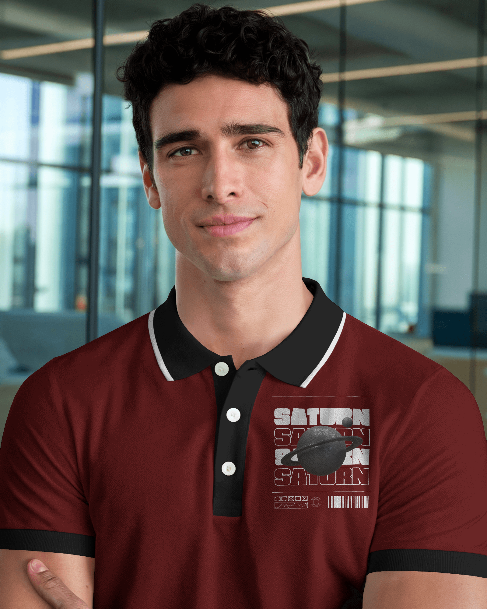 Modern Blank White Men Polo T Shirt Mockup Smiling Male Model In Professional Office Setting