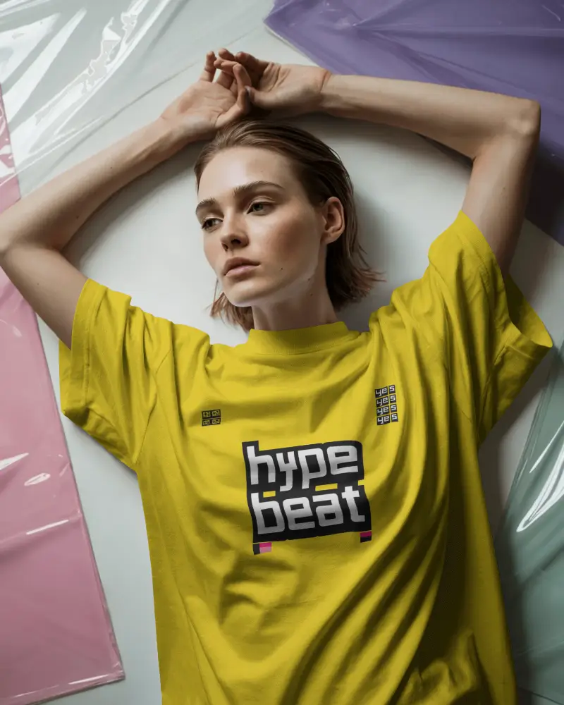 Creative Layout Tshirt Mockup Female Model Lying On Floor With Colorful Plastic Sheets