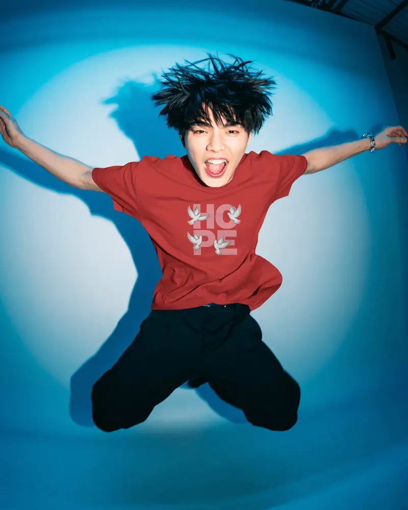 Dynamic Jump Studio Shot Casual Tshirt Mockup Fashion Model Energy Expressive Portrait Style