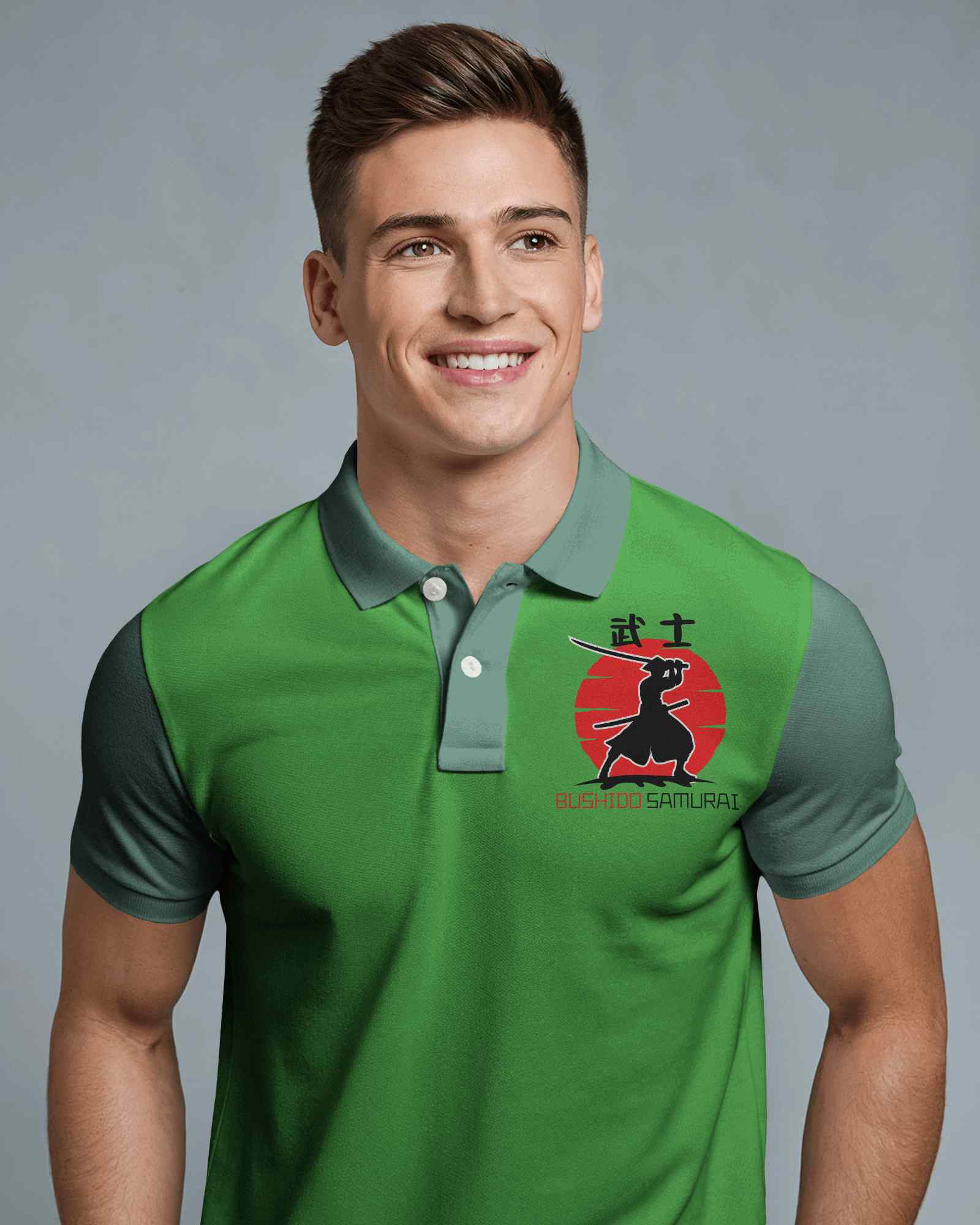 Modern Blank White Men Polo T Shirt Mockup Smiling Male Model Against Neutral Gray Background