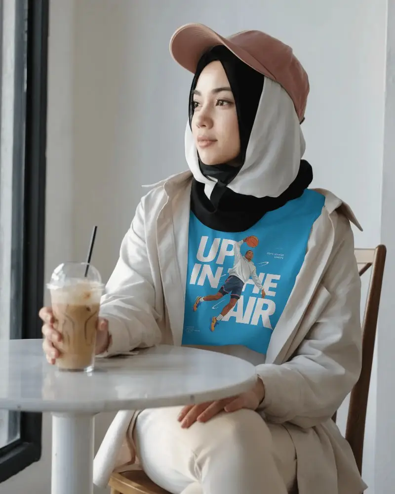 Casual Modern Women Tshirt Mockup In Cozy Cafe Setting With Natural Light And Simple Style