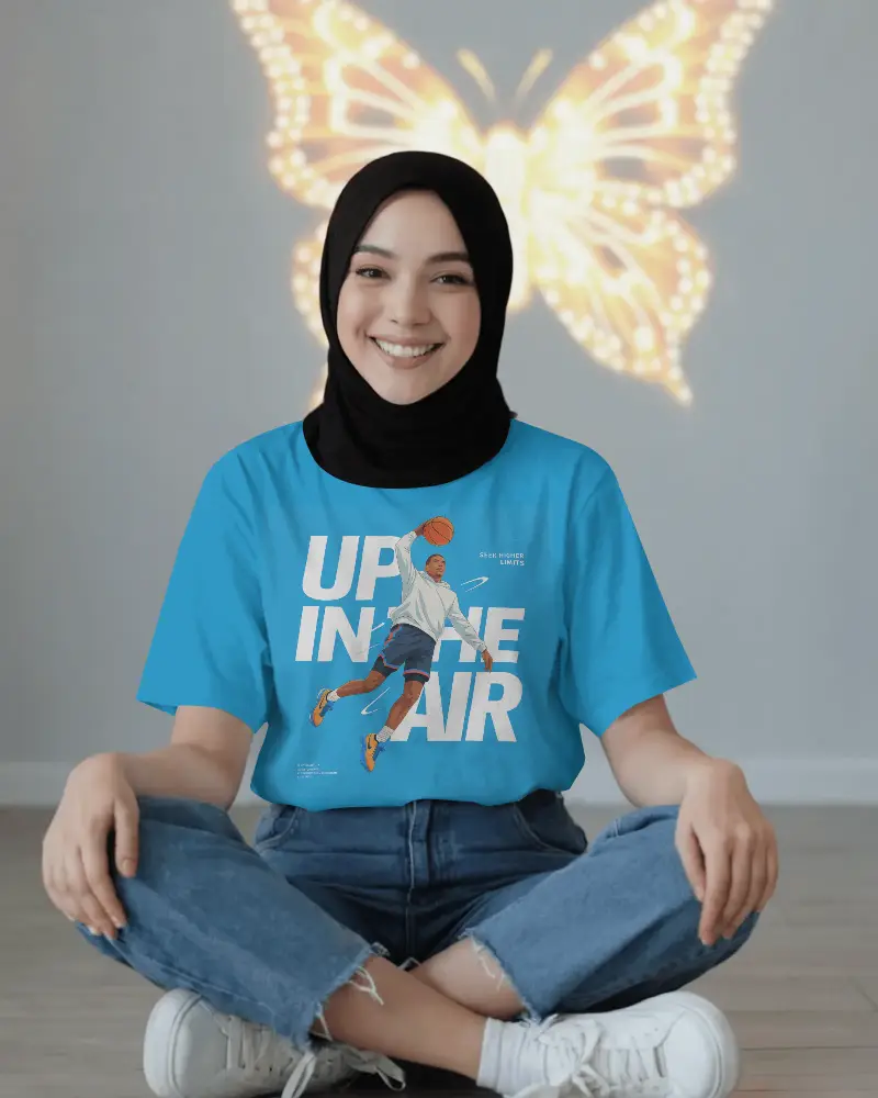 Comfortable Cotton Easy Fit Casual Wear Women Plain Tshirt Mockup Sitting Crosslegged