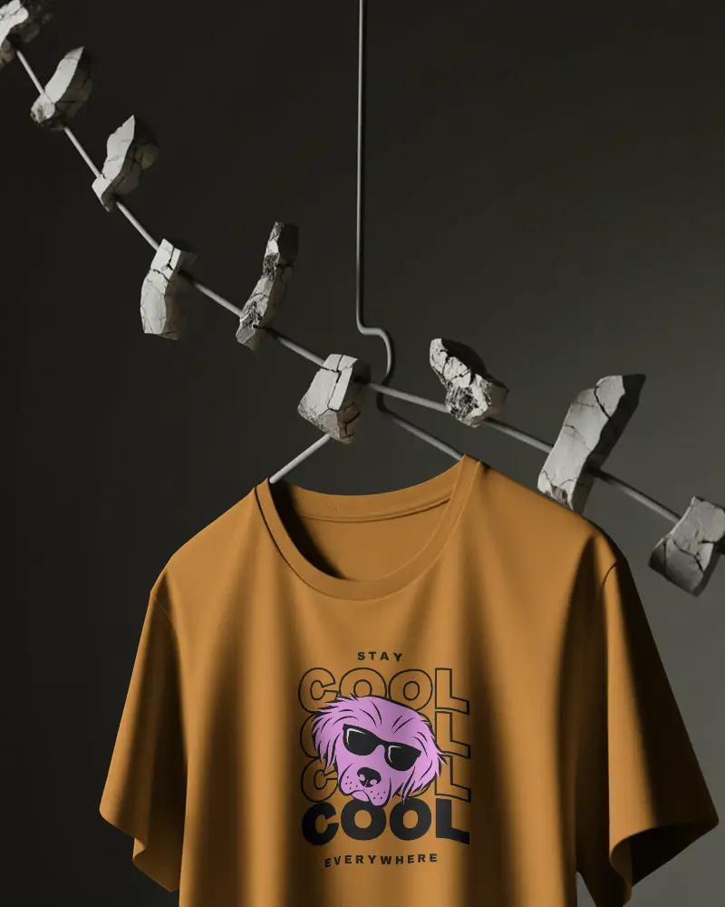 Premium Soft Fabric Casual Tshirt Mockup Hanging On Artistic Rocky Abstract Hanger