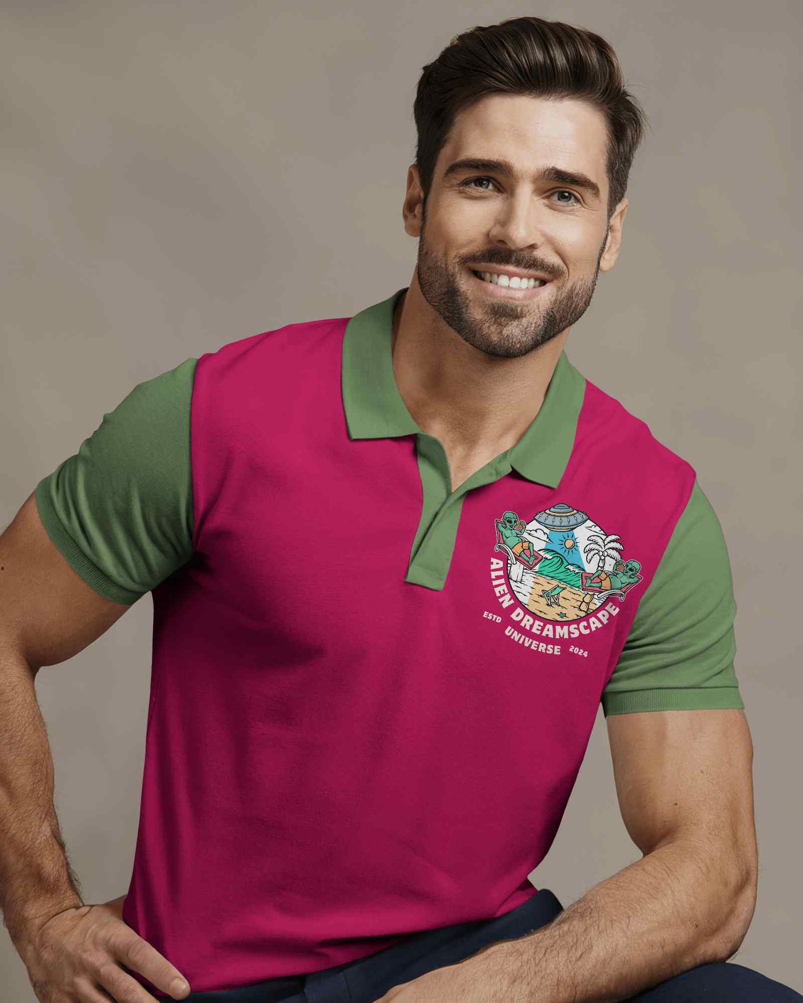 Modern Blank White Men Polo T Shirt Mockup Smiling Male Model Posing Against Neutral Background