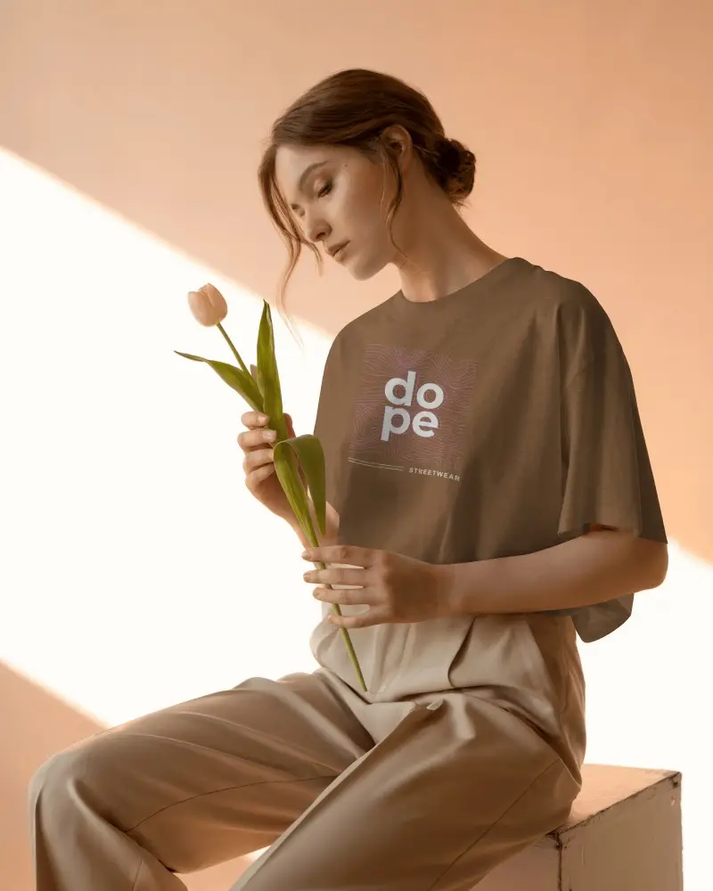 Minimalist Woman Wearing Relaxed Casual Tshirt Mockup Holding Flower In Soft Nature Light
