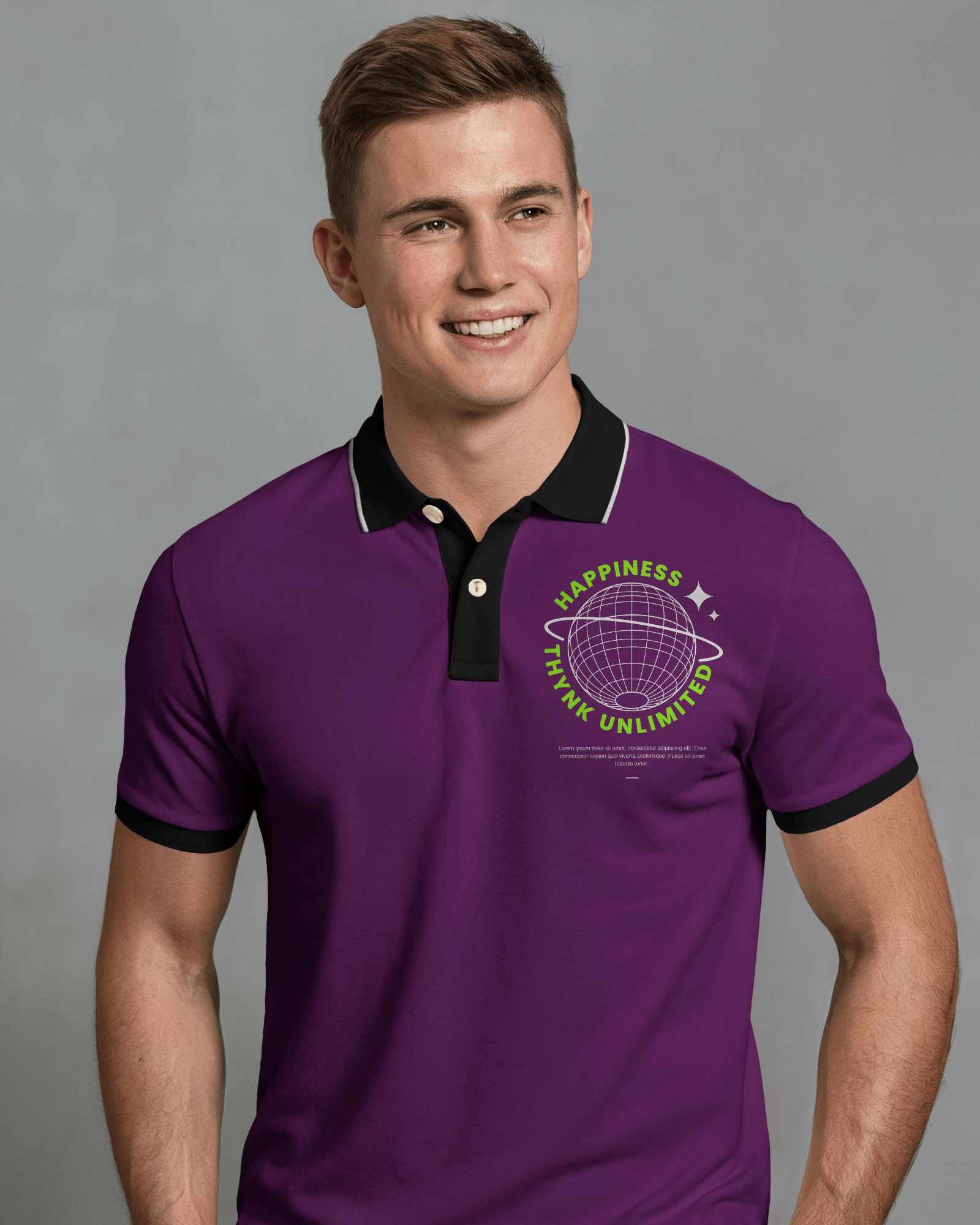 Classic Polo Shirt Mockup Male Model Smiling Against Neutral Gray Background Clean And Professional Look
