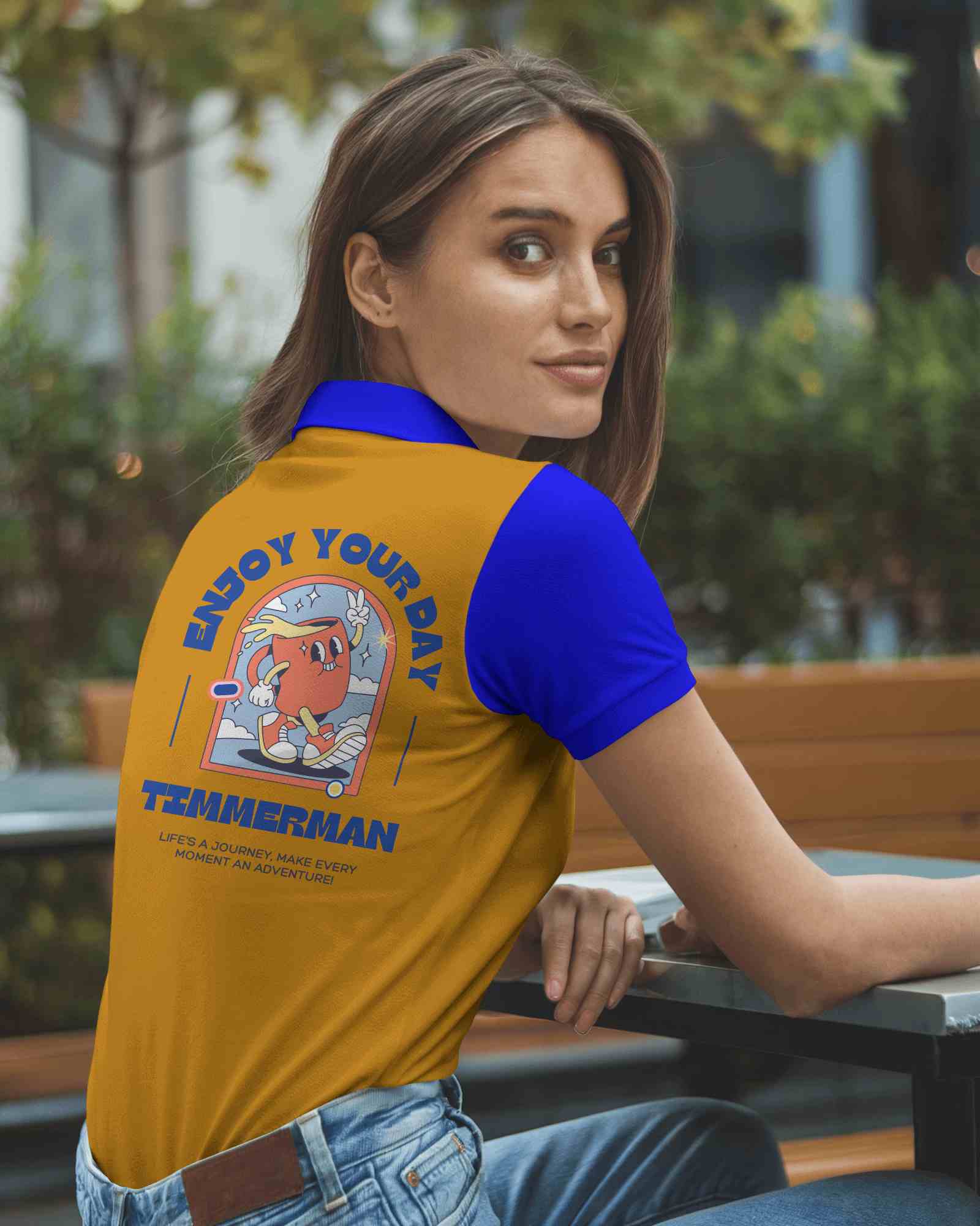 Modern Blank White Women Polo T Shirt Mockup Female Model Sitting Outdoors In Casual Setting