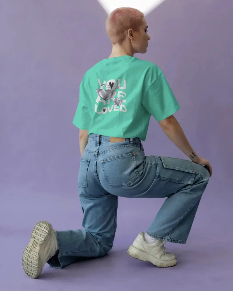 Woman Wearing Relaxed Fit Blank T Shirt Mockup Fashionable Casual Outdoor Style Urban