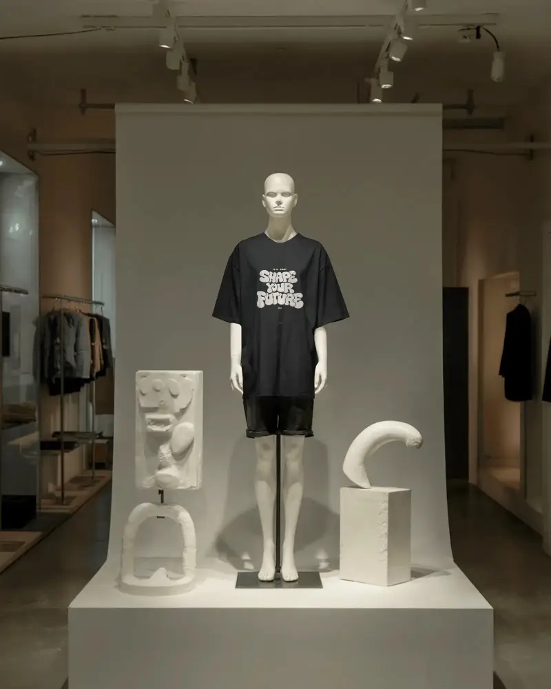 Modern Minimalist Tshirt Mockup With Artistic Sculpture Display For Fashion Brand Promotion