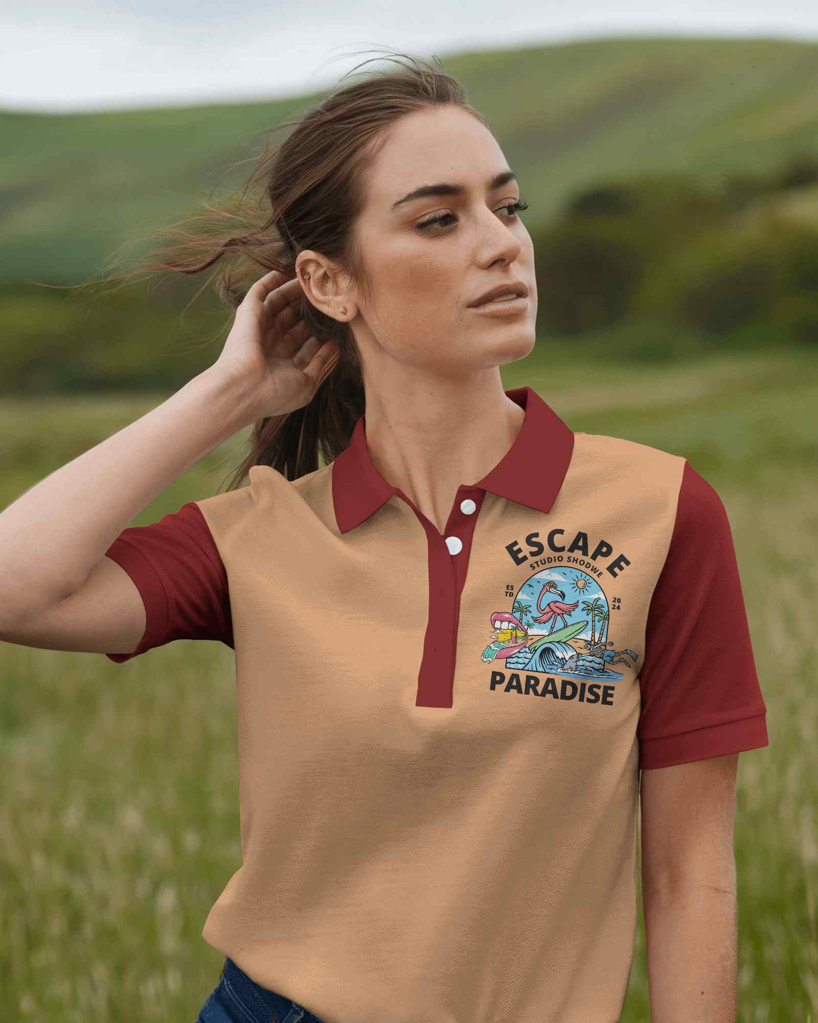 Outdoor Polo T Shirt Mockup Female Model In Windy Field Against Green Hills Natural And Relaxed Aesthetic