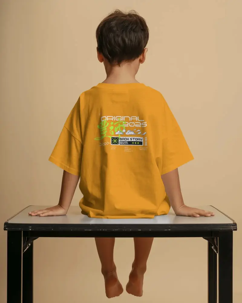Basic Kid Tshirt Mockup With Dropped Shoulder Sitting On Table Cotton Soft Comfortable Apparel