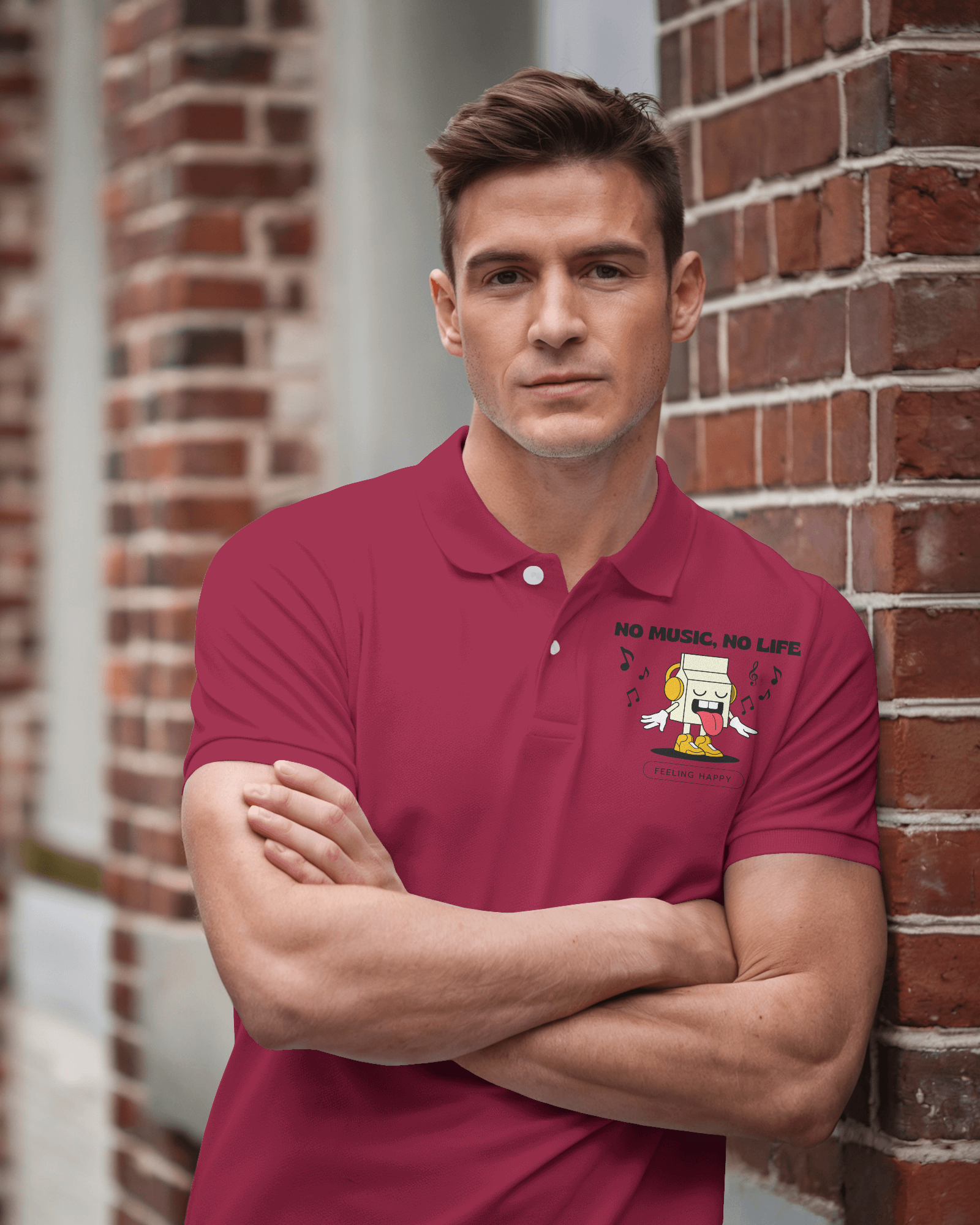 Urban Polo Shirt Mockup Male Model In Stylish Khaki Polo Leaning Against Brick Wall Confident And Modern Casual Look