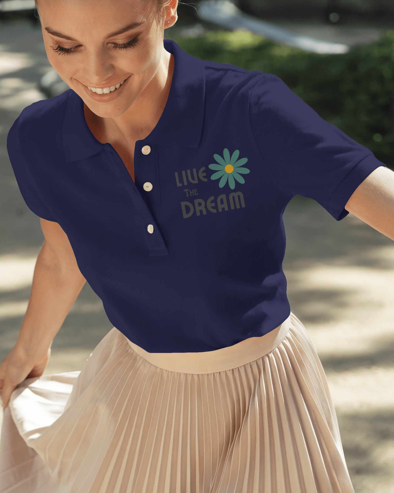 Elegant Polo Shirt Mockup Smilingt Female Model In Brown Polo And Pleated Skirt G Outdoors In Sunlight Graceful And Stylish Look