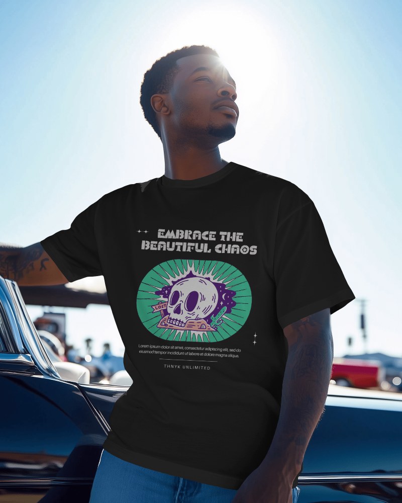 Sunlit Outdoor T Shirt Mockup Male Model Leaning On Classic Car Golden Hour Glow Casual Stylish Streetwear Vibes 0750