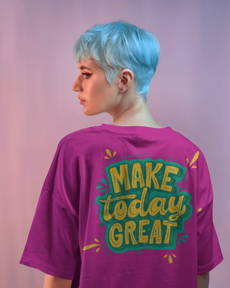 Pastel Gradient Backview T Shirt Mockup Female Model With Short Blue Hair Soft Lighting And Modern Aesthetic 0873