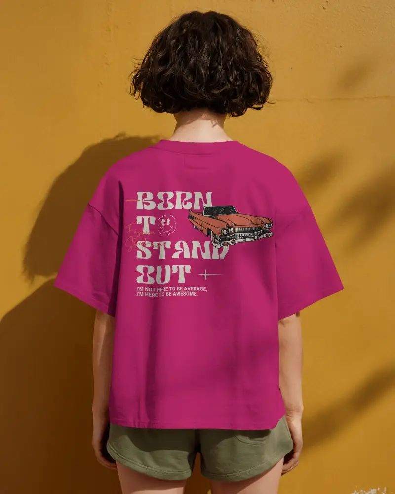 Back View Boxy Tshirt Mockup On Female Model Yellow Wall Background