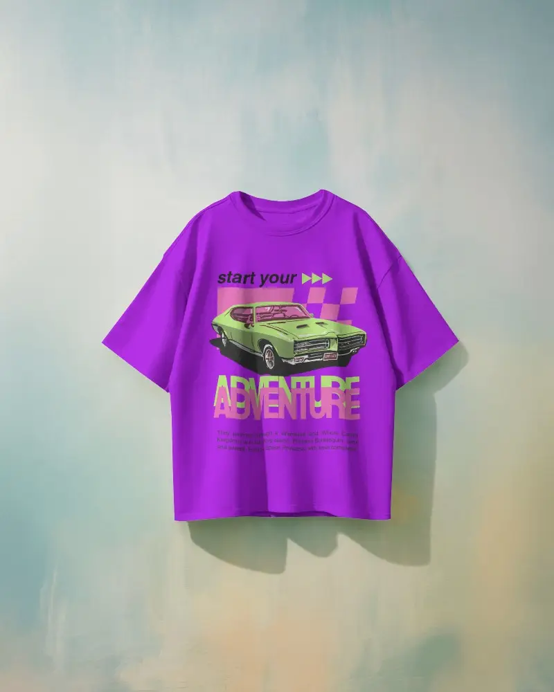 Boxy Blank White Round Neck Unisex T Shirt Mockup Front View On Hanger Colorful Gradient Wall Soft Shadow Playful Artistic Lighting