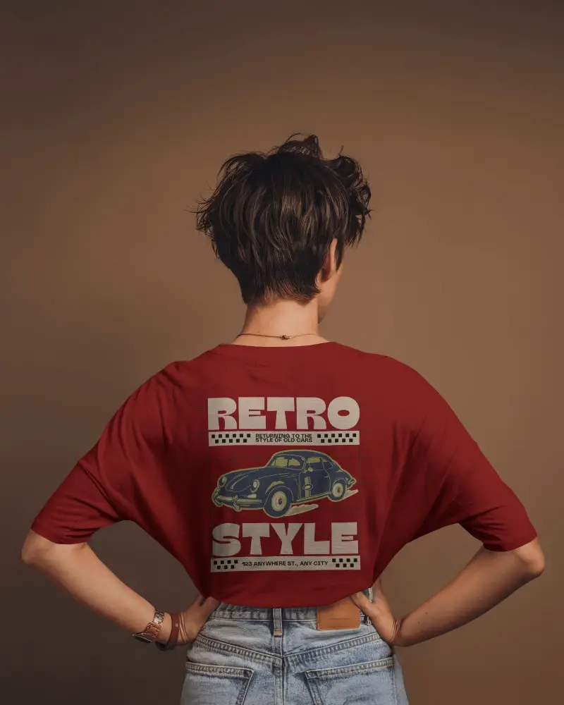 Studio Lit Round Neck Blank White Oversized T Shirt Mockup Women Model Back View